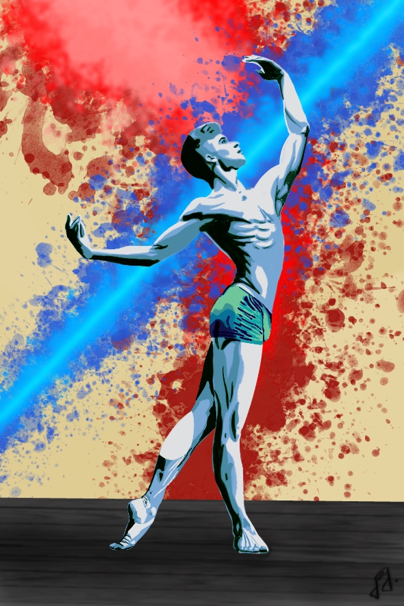 A blue statue of a ballet dancer, with a yellow, red and blue background.