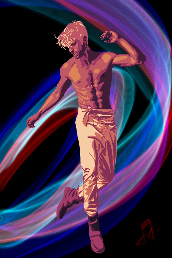 A man standing in a dancing pose, with coloured swirls in the background.