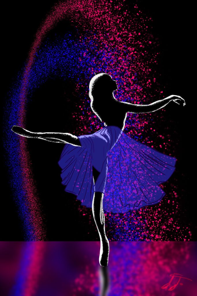 The silhouette of a ballet dancer with a purple skirt. Standing on a floor that reflects the pink-purple background.